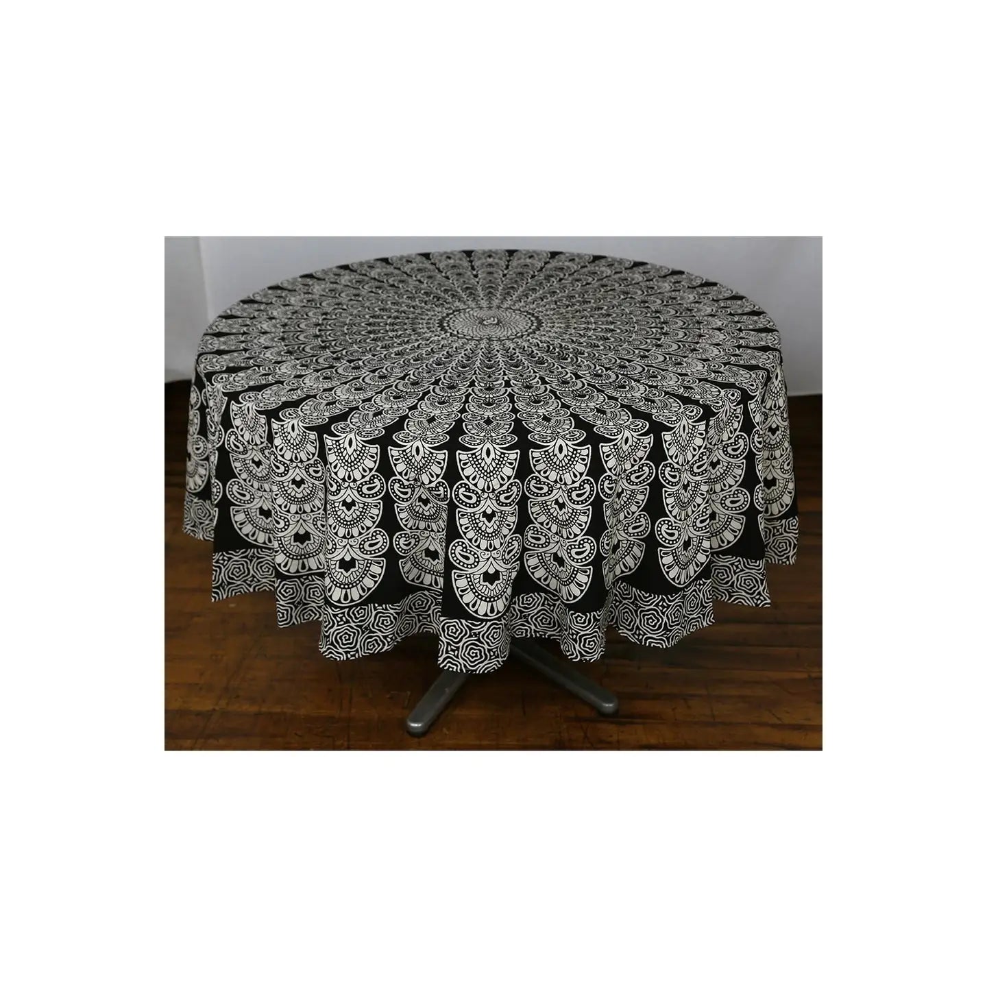 Zest For Life Round Black & White Plume Tablecloth Tapestry 80" - Hemmed Edge.