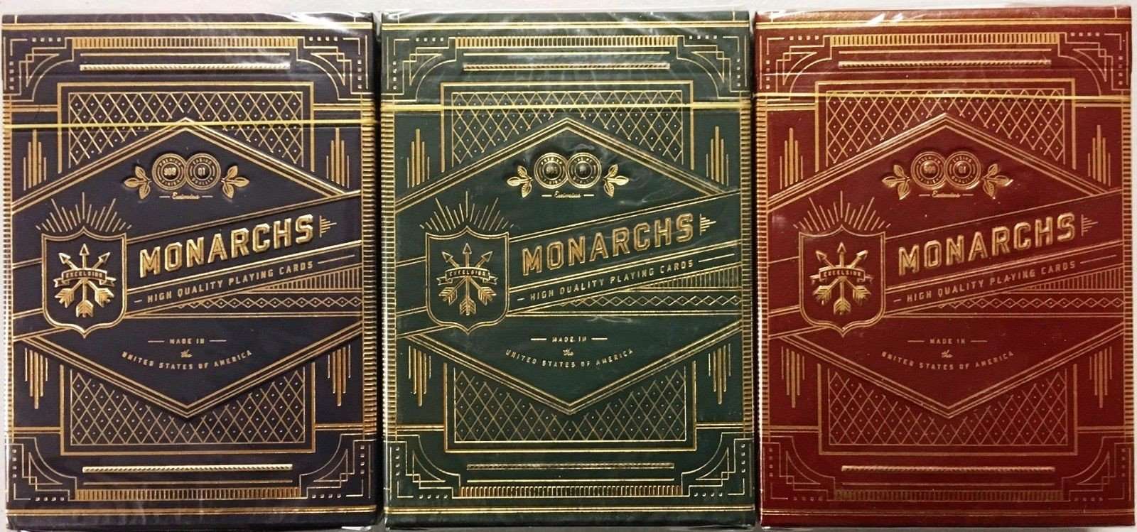 PlayingCardDecks.com-Monarchs 3 Deck Set Blue Green Red Playing Cards USPCC