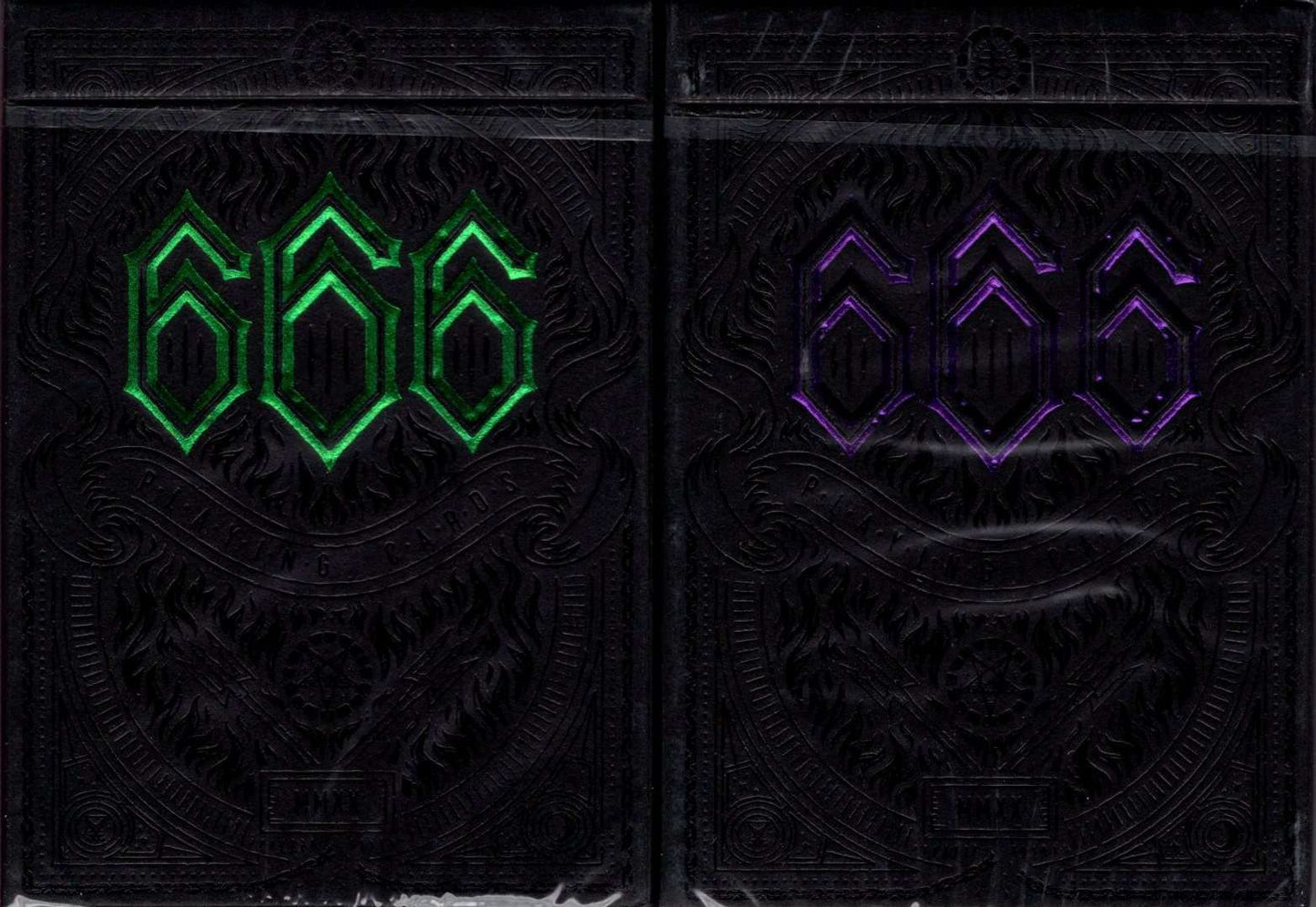 PlayingCardDecks.com-666 Emerald Hellfire & Purple Inferno Gilded Playing Cards 2 Deck Set Cartamundi