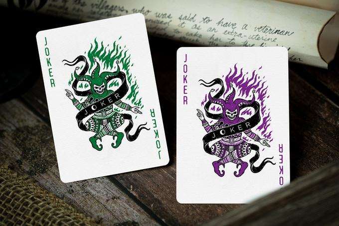 PlayingCardDecks.com-666 Emerald Hellfire & Purple Inferno Gilded Playing Cards 2 Deck Set Cartamundi
