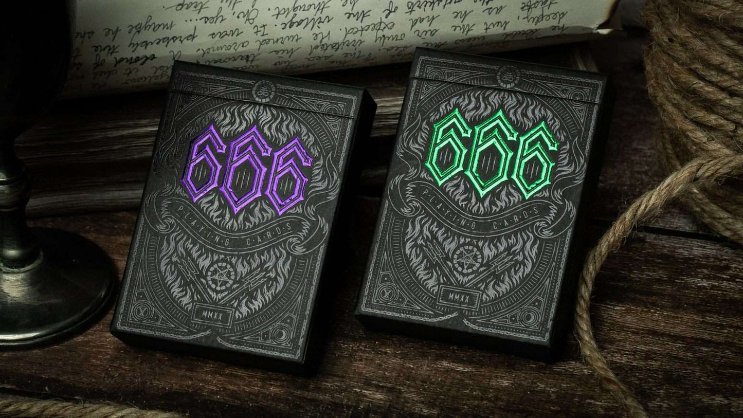 PlayingCardDecks.com-666 Emerald Hellfire & Purple Inferno Gilded Playing Cards 2 Deck Set Cartamundi
