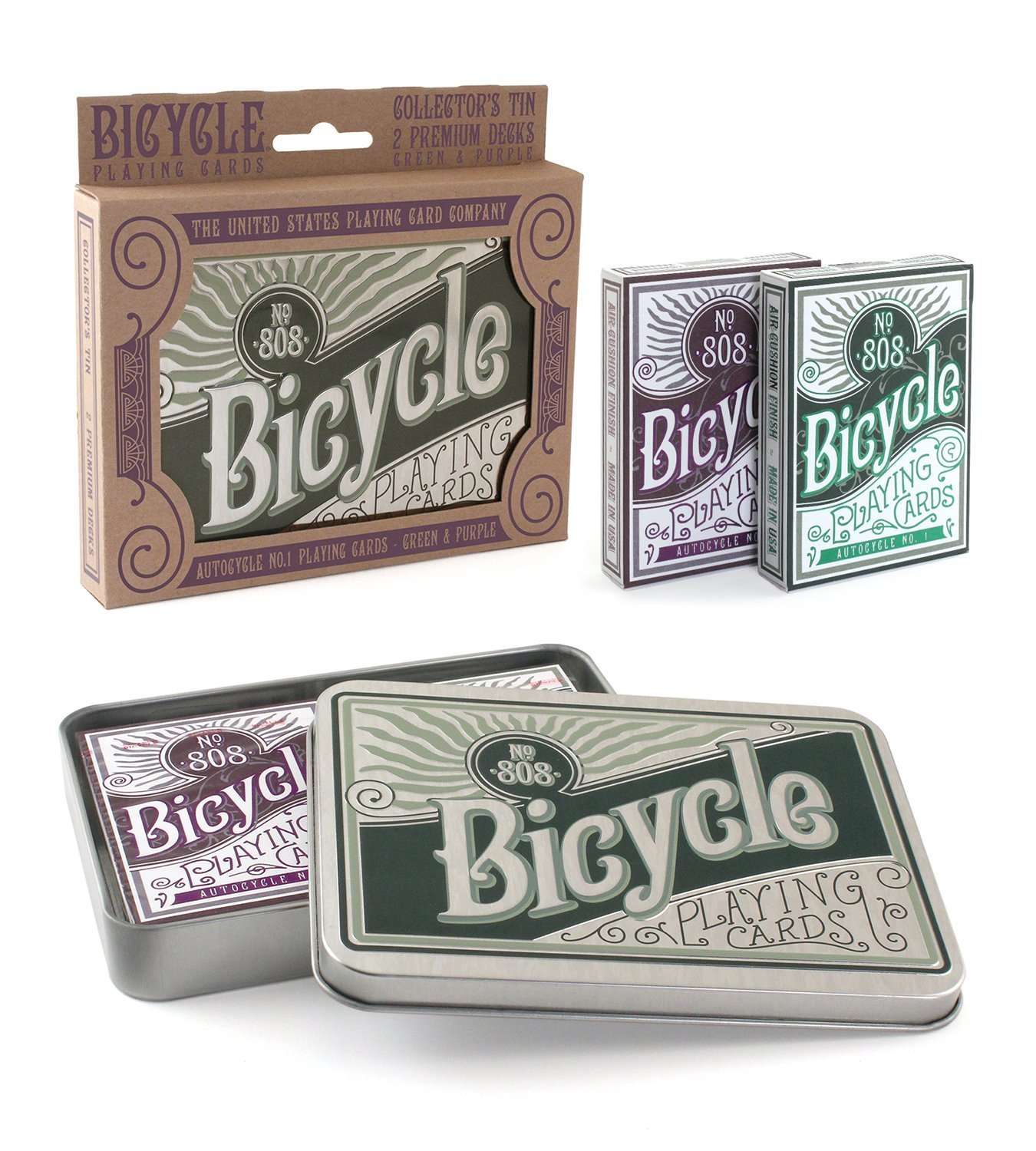PlayingCardDecks.com-AUTOCYCLE NO.1 Bicycle Playing Cards - Purple & Green in Collectors Tin