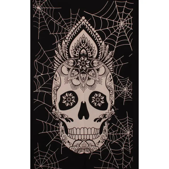 Zest For Life Tapestry Black & White Spider Webs Skull