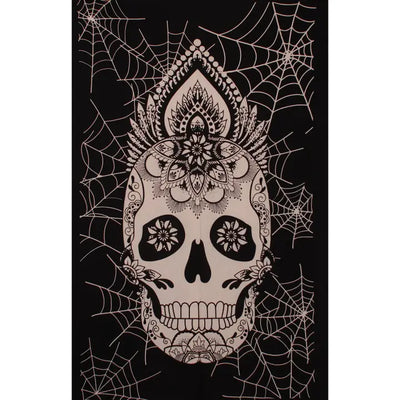 Black & White Spider Webs Skull Tapestry