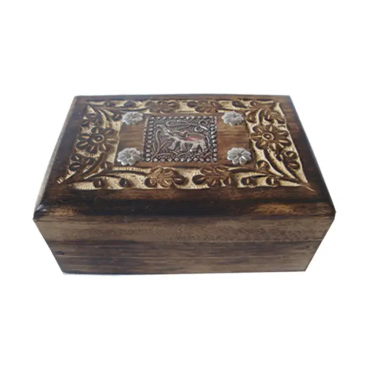 Elephant Carved Wooden Box (6 X 4 in)