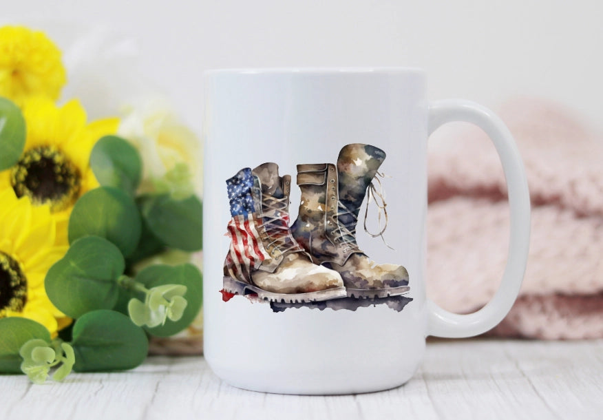 Military Combat Boots Watercolor Flag 15oz Coffee Mug