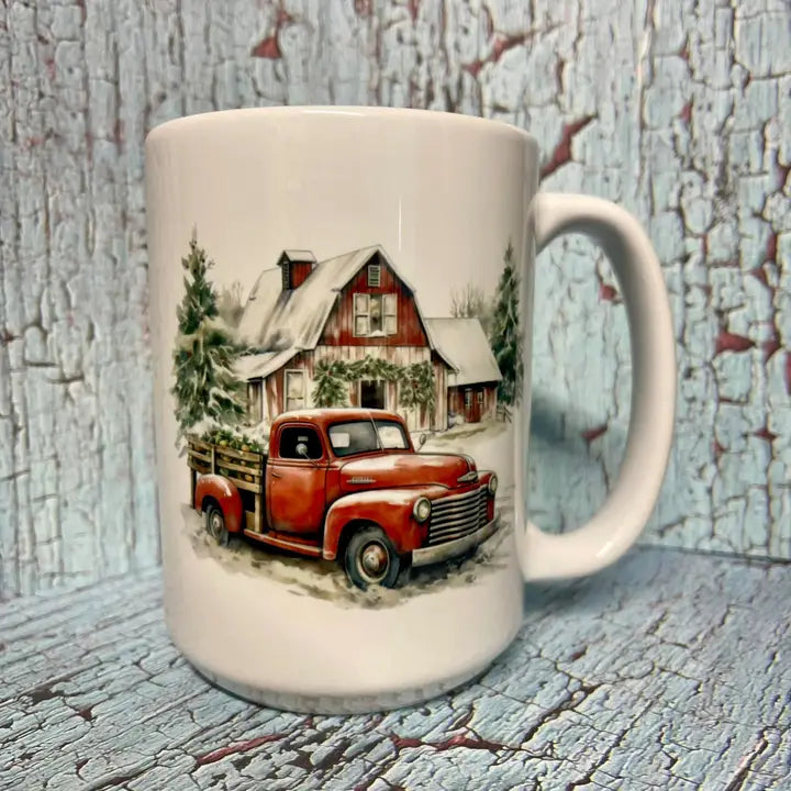 Red Truck Christmas Farmhouse Holiday 15oz Coffee Mug