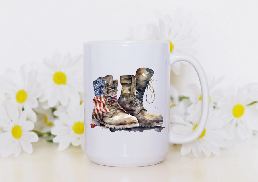 Military Combat Boots Watercolor Flag 15oz Coffee Mug