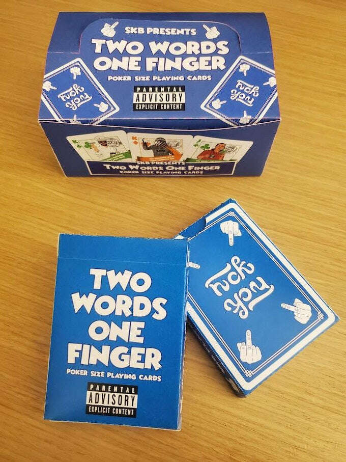 PlayingCardDecks.com-Two Words One Finger Playing Cards Blue KeyCardPCC