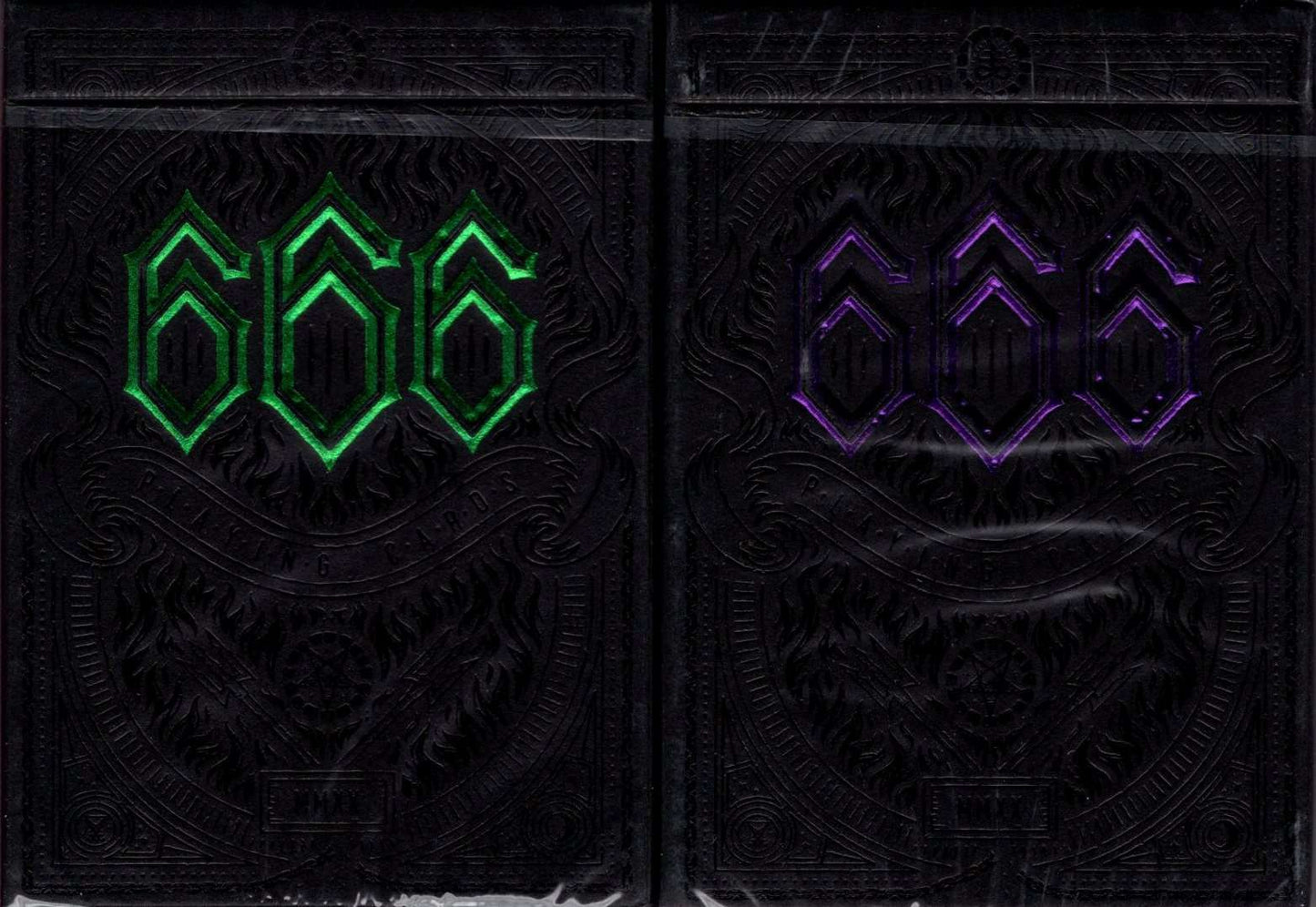 PlayingCardDecks.com-666 Emerald Hellfire & Purple Inferno Playing Cards 2 Deck Set Cartamundi