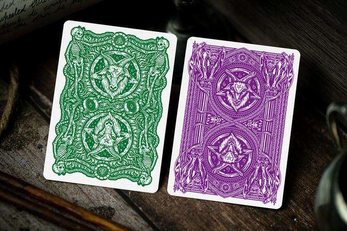 PlayingCardDecks.com-666 Emerald Hellfire & Purple Inferno Playing Cards 2 Deck Set Cartamundi