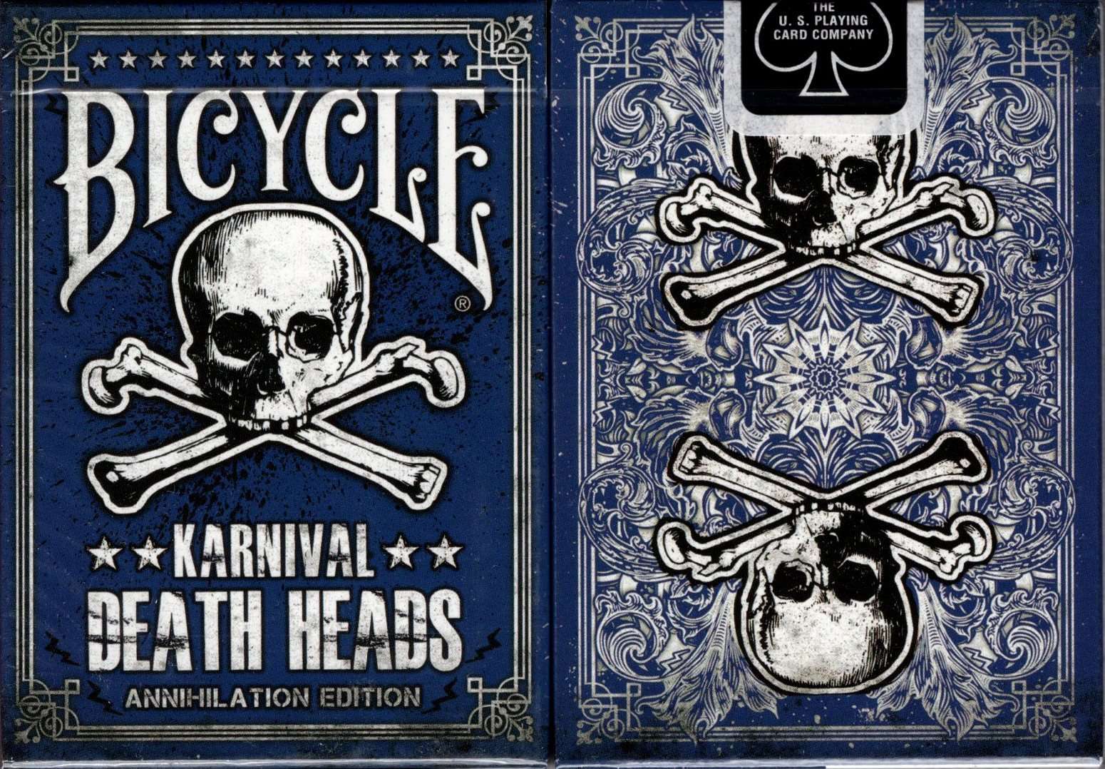 PlayingCardDecks.com-Karnival Death Heads Annihilation Blue Bicycle Playing Cards
